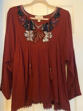 Vintage America Rust Embroidered Tassel Peasant Tunic